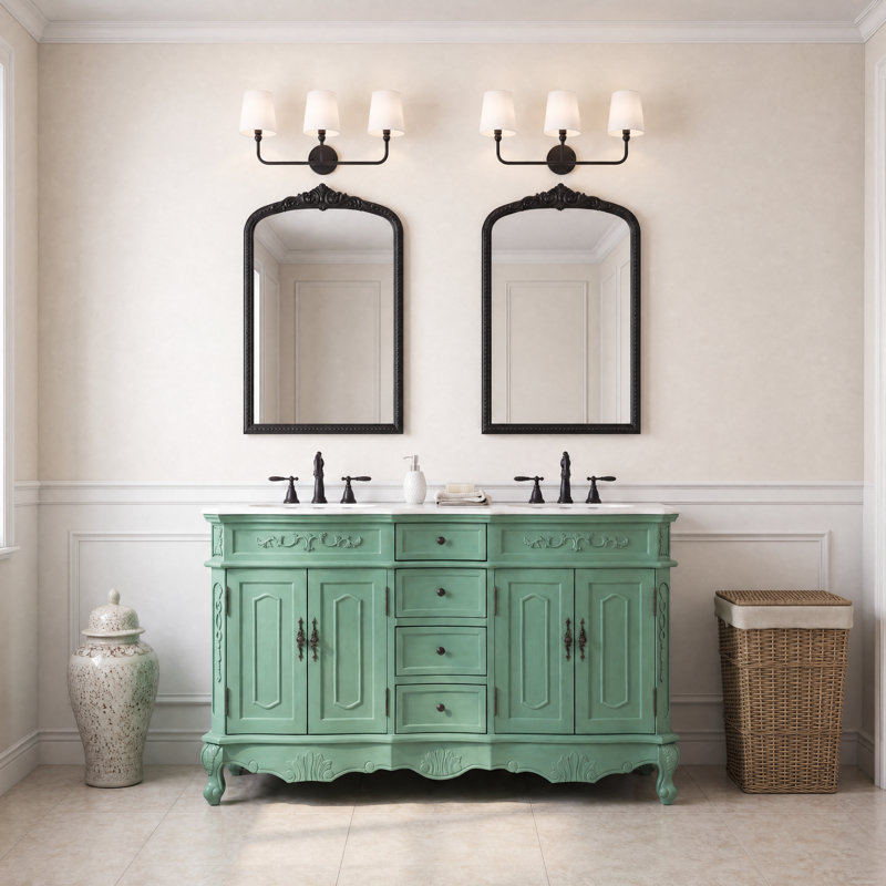 Ensemble de meuble-lavabo double 60 po Lunette, Blanc ivoire, Menthe rétro