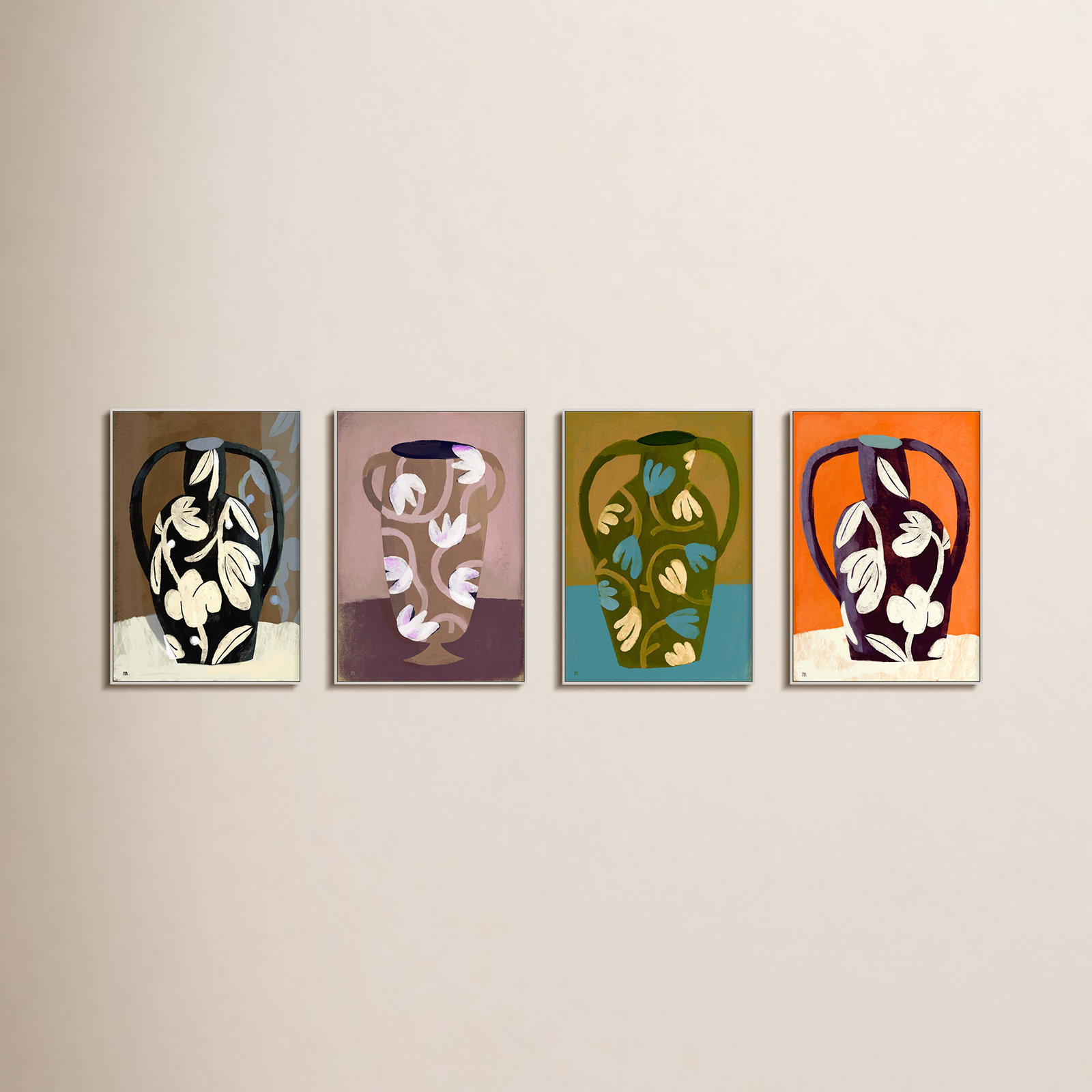 Vases 4-Piece Print Set by Marco Marella, White Framed Canvas, 20" H x 14" W x 1.25" D