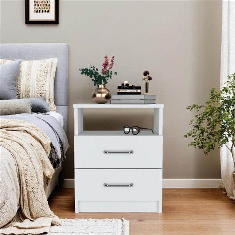 Table de chevet polyvalente avec deux tiroirs et une tablette ouverte pour un rangement amélioré