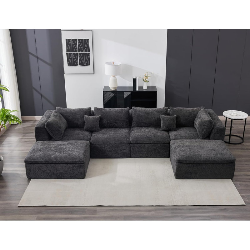 Canapés modulaires, canapé convertible avec repose-pieds, Velours côtelé noir