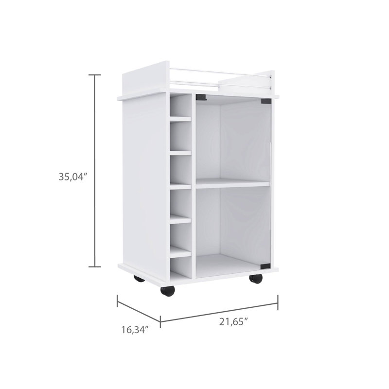 Chariot-bar, deux tablettes, six supports à vin intégrés, quatre roulettes - blanc