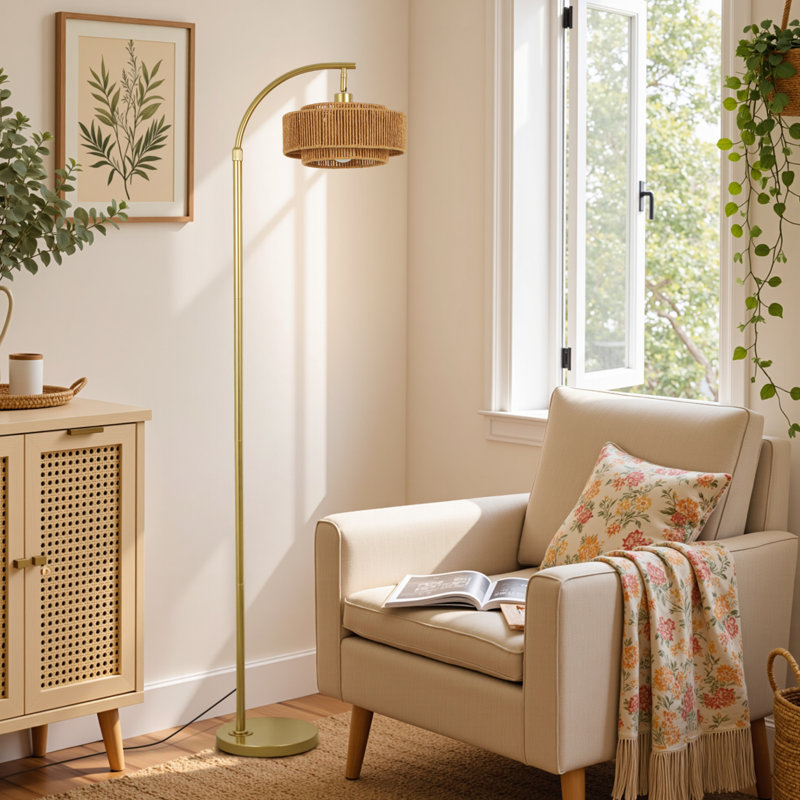 Lampe sur pied arquée 69,6 "en rotin avec lumière DEL et télécommande, Gold