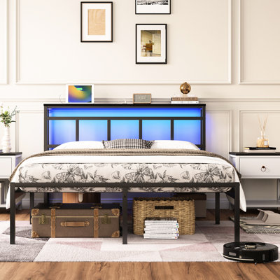 14 Inch Queen Bed Frame, Black Walnut Storage Headboard, Type - C, Led , Reliable Support Build