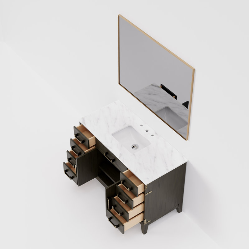 Miroir de salle de bain simple l 48 po x P 22 po Laurel, Chêne brun, Marbre de Carrare blanc