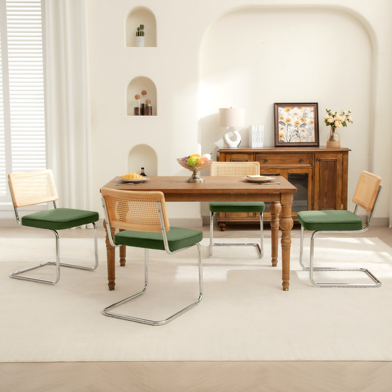 Chaise d'appoint avec dossier en rotin de canne, Tissu velours côtelé vert matcha, 4