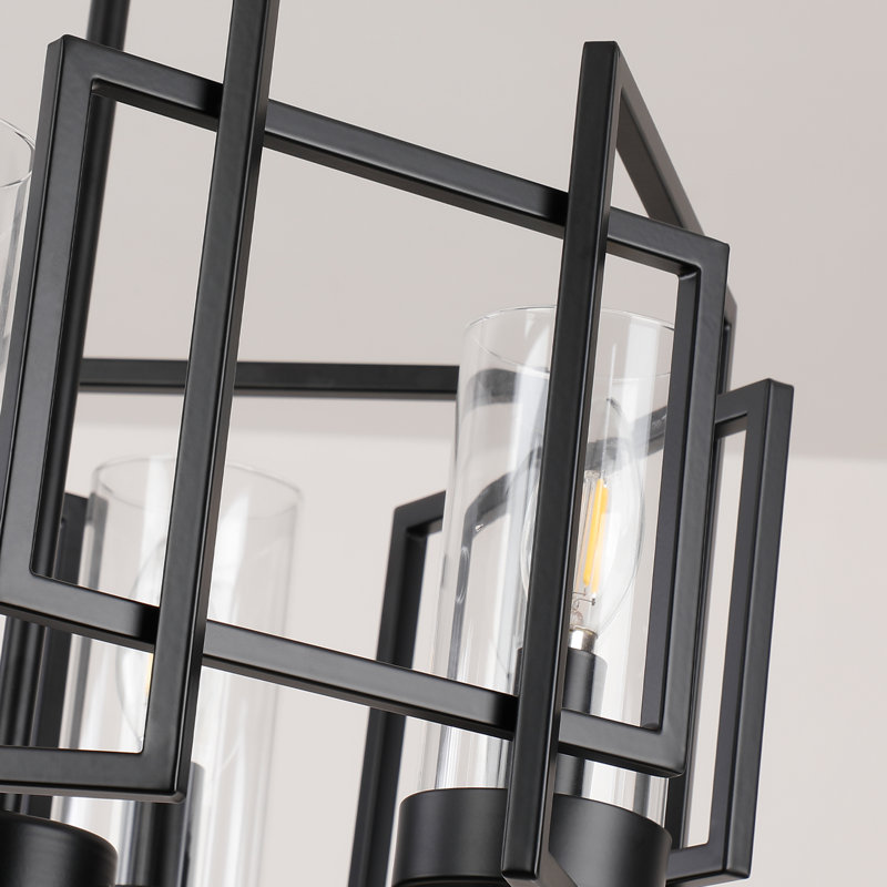 4-light Lantern Geometric Minimalist Marco Pendant Lamp or Semi Flush Mount, Matte Black