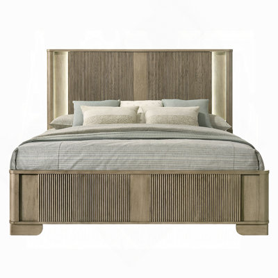 1Pc Transitional Style Bed With LED Light Headboard Antique Oak Finish Solid Wood Rustic Bedroom Furniture