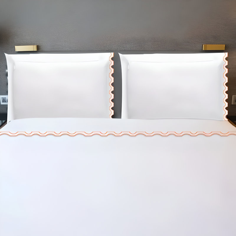 400TC Zig & Zag U Shape Scallop Embroidery Cotton 4 Piece Sheet Set Fitted Sheet Fits Upto 16" Deep Pocket, Queen Sheet Set