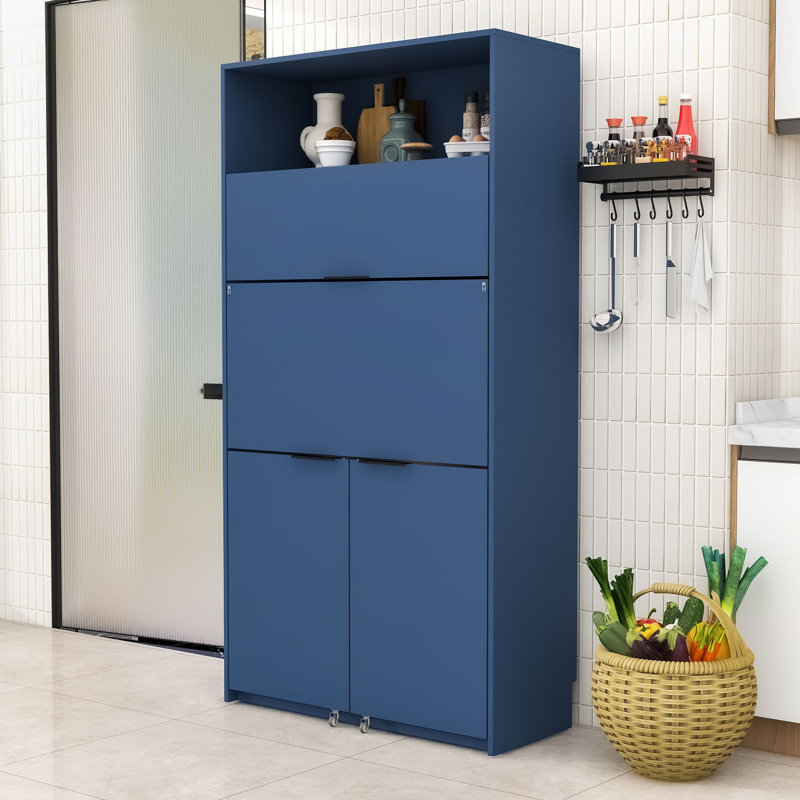 Armoire de cuisine moderne avec portes rabattables, station de charge intégrée et tablette réglable, Bleu très foncé