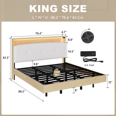 Floating Bed Frame with Upholstered Storage Headboard