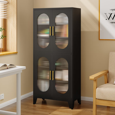 Armoire de rangement 61 po en métal avec 4 portes en verre et 4 tablettes réglables