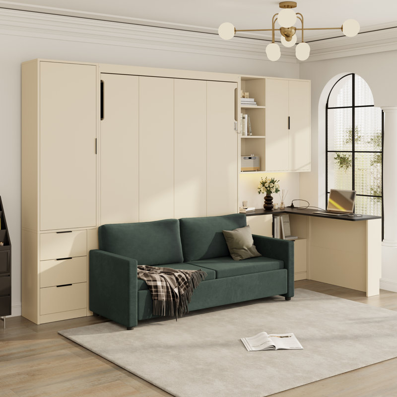 Grand lit escamotable avec canapé intégré, bureau en L et rangement, Beige