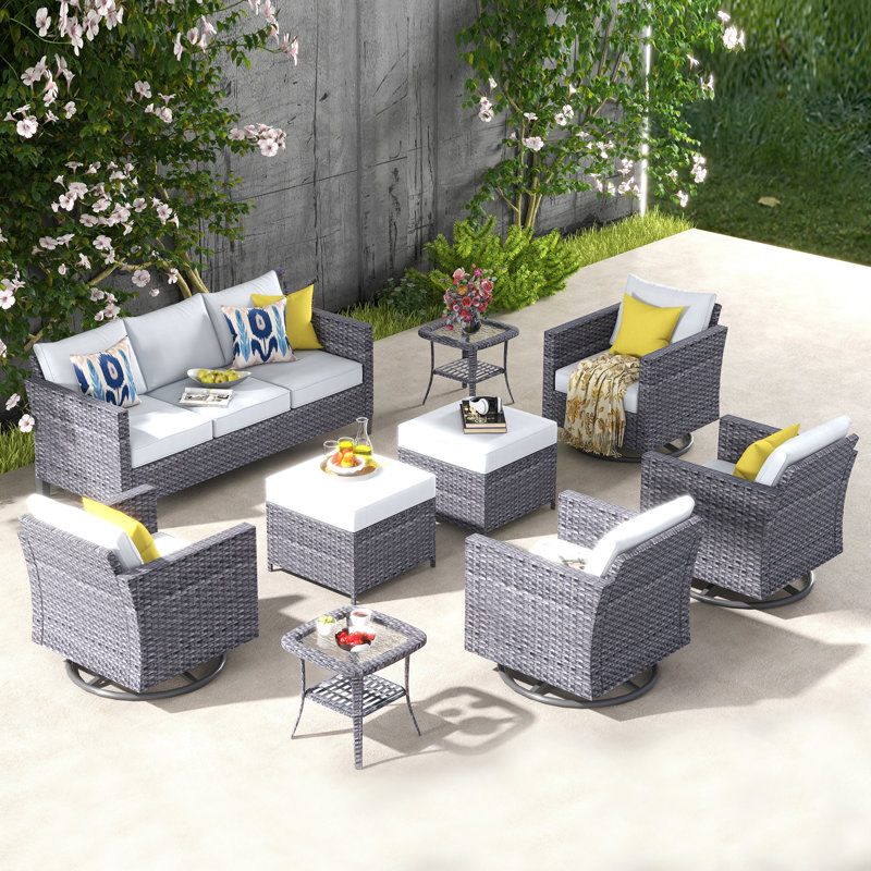 Cushion Color Wood Premium All-Weather Wicker 7 - Person Patio Conversation Set with Cushions, Gray