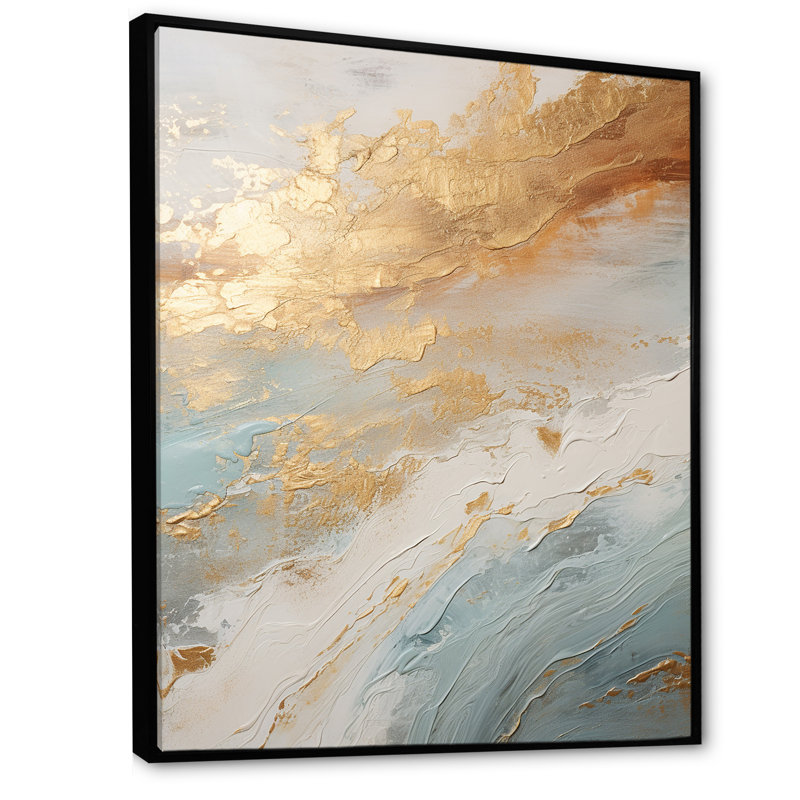 «Golden and Blue Beach Tranquility IV - Coastal Beach», art mural encadré, 32" H x 16" W, Cadre flottant noir