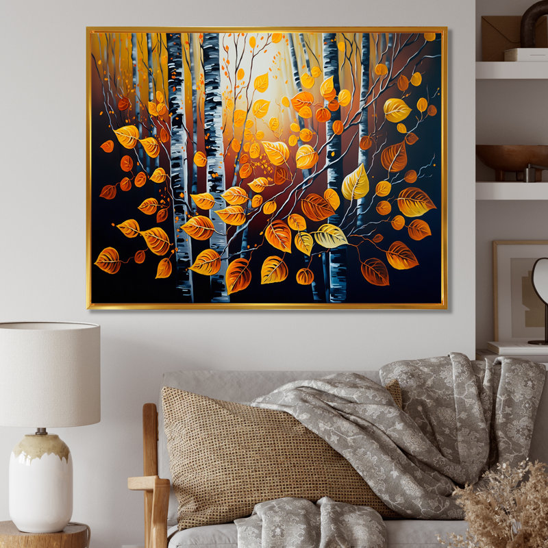 Into A Golden Birch Forest IV - Paysage, art mural sur toile, L 32 po x H 16 po, Cadre flottant doré