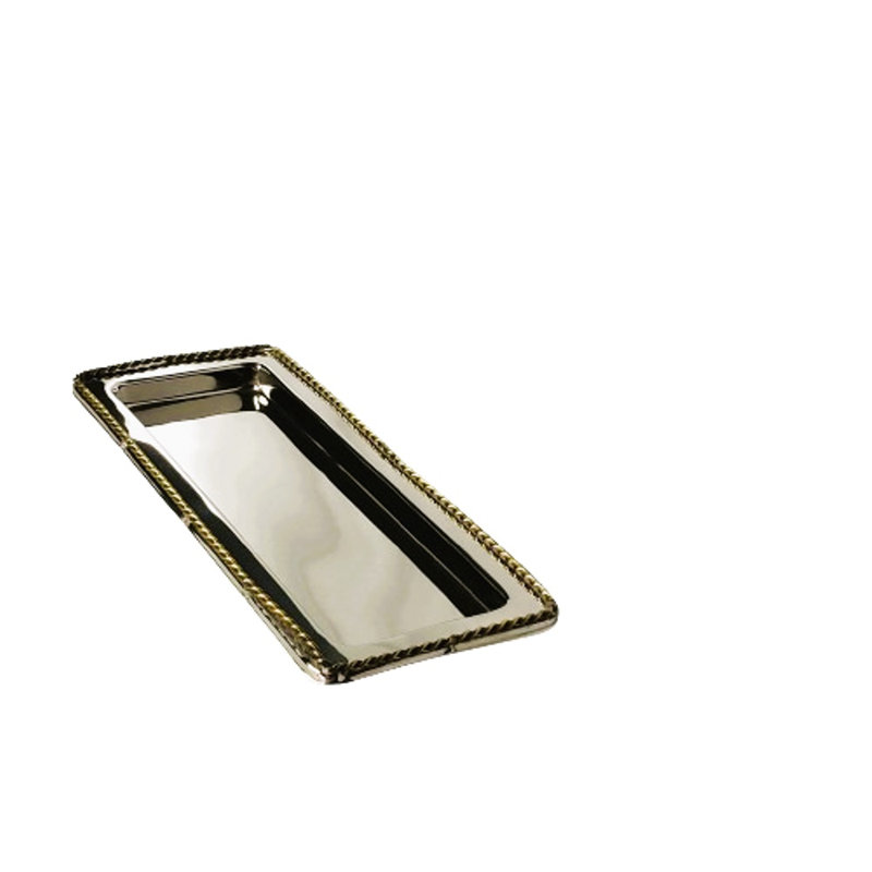 Plateau de coiffeuse en acier inoxydable argenté 14 x 5,75 po, plaqué or avec bordure torsadée
