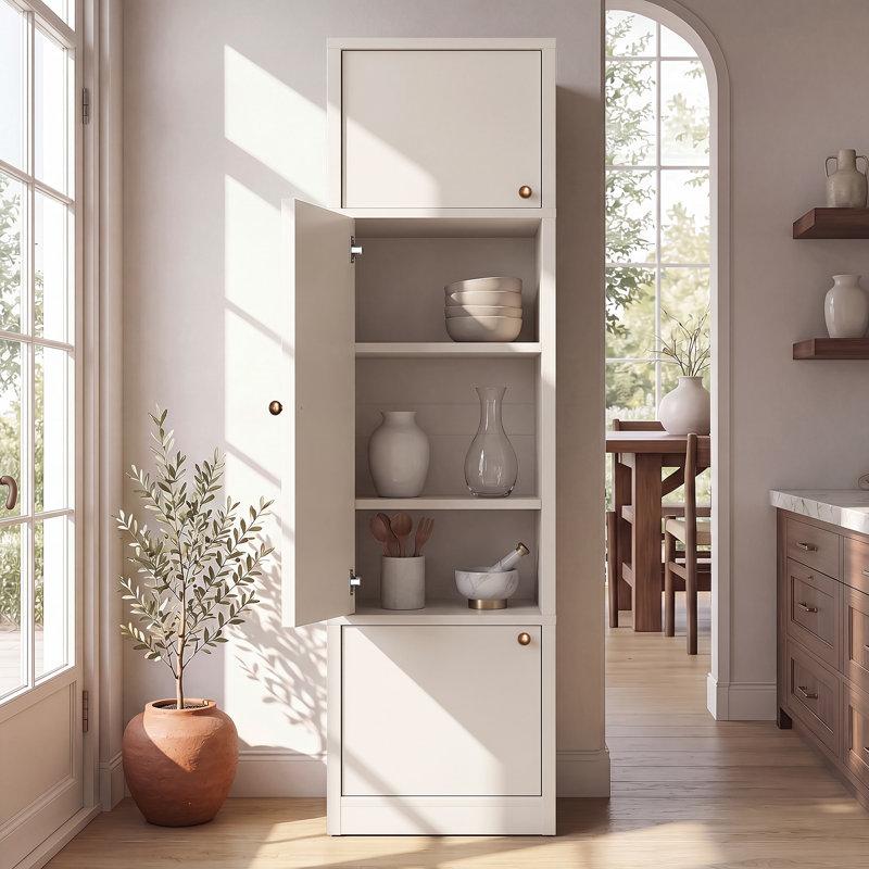 Armoire de cuisine autoportante OMCMUU de 180 cm de hauteur, 40 cm L x 40 cm P x 180 cm H, placard de rangement étroit avec 3 portes et étagères intérieures réglables, idéale pour ranger les aliments dans la cuisine ou la salle à manger, finis blanc et noyer, trousse anti-basculement incluse