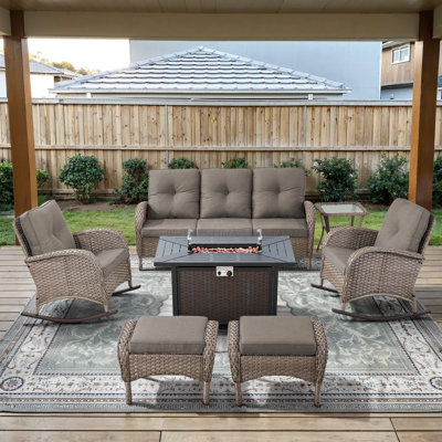 7-Piece Outdoor Patio Rattan Fire Pit Table Set With Rocking Chairs And Sofa