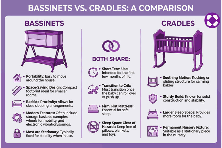 comparitive chart of bassinet vs. cradle with pros and cons for each type, including shared characteristics