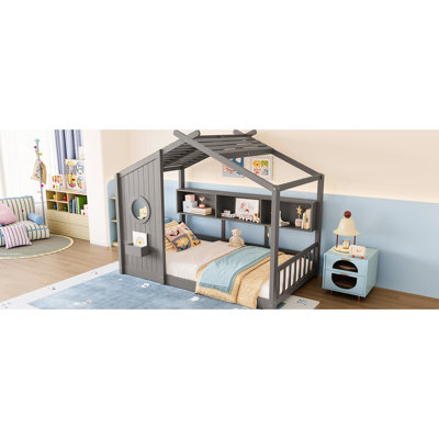 Floor House Bed For , Twin With Roof, Storage And Good Sleep Quality Gray Playhouse , Size Shelf Robust Pine Frame