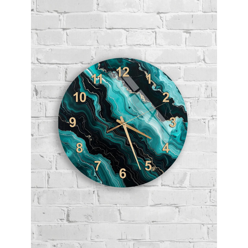 Horloge murale en verre trempé abstrait turquoise doré, horloge d'art moderne, horloge décorative, horloge murale unique, grande décoration murale, idée de cadeau