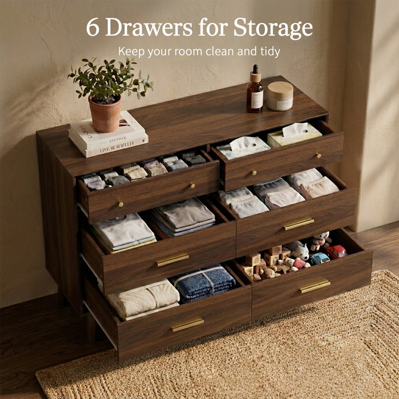 Modern 6-Drawer Dresser with Gold Handles, 54" Wide Teal Blue Storage Chest for Bedroom or Living Room, Dark Walnut