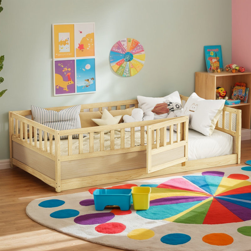 Lit plateforme pour enfant avec clôture et porte, Simple, Bois naturel