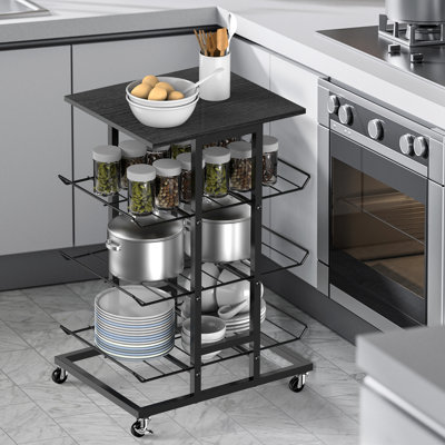 Black 3+1-Tier Rolling Cart with Wooden Top