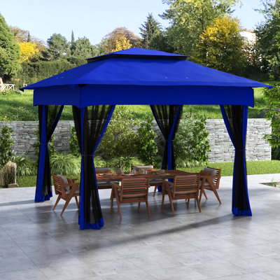 Auvent escamotable 11 pi x 11 pi, abri de patio extérieur avec filet amovible, tente instantanée, arrière-cour bleue