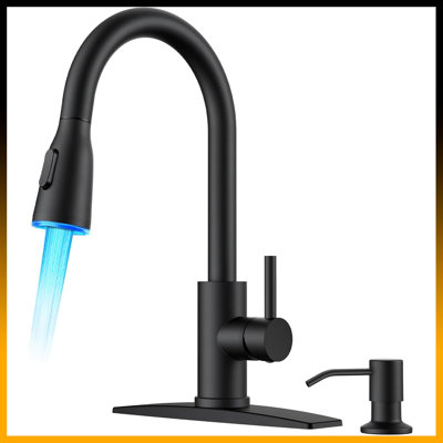 Stainless Steel Kitchen Faucet With Pull-Down Sprayer & Soap Dispenser – High Arc, 3 Modes, Single Handle For Farmhouse, RV, Bar,Matte Black Transitional