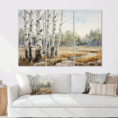 Ensemble d'art mural en toile beige et gris avec bouleau