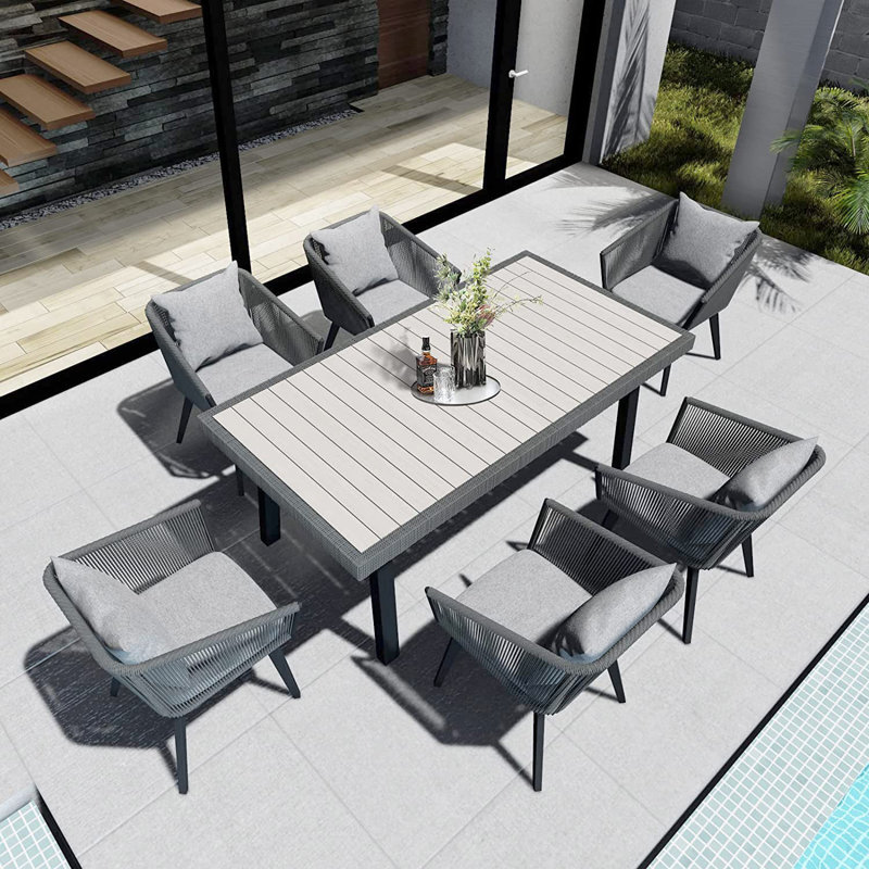 7 - Piece Stainless Steel and Wicker Outdoor Dining Set with Waterproof Cushions (Seats 6) - Gray, Gray, 6