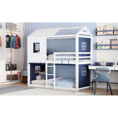 Blue+White Twin Bunk Wood House Bed With Tent, Comfortable Sleep And Play Environment, Pinewood , Slats For Mattress Preservation, Bedroom Centerpiece Element Sleeping Construction Better Weight
