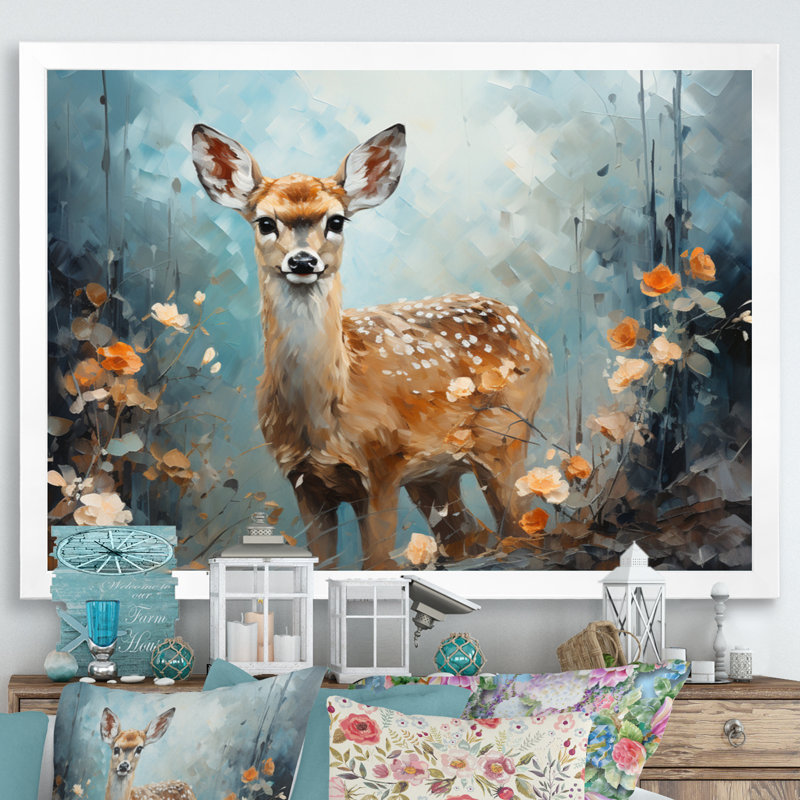 Art sur toile, "Deer Graceful Fawn Collage III", H 30 po x l 40 po x P 1,5 po, Cadre simple blanc