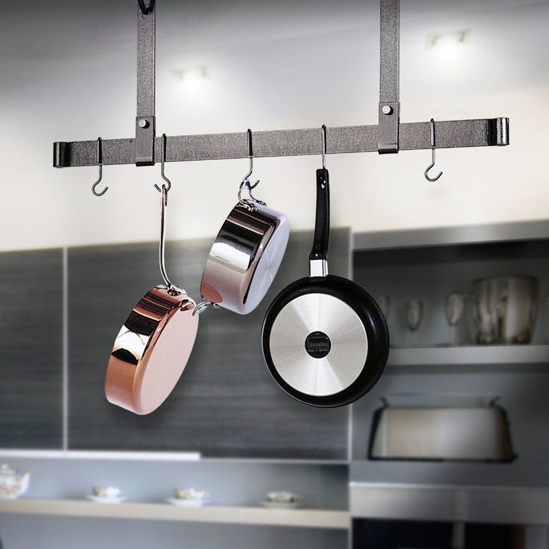 Premier Handcrafted Hanging Pot Rack, 19.5" H x 36" W x 1" D, Hammered Steel