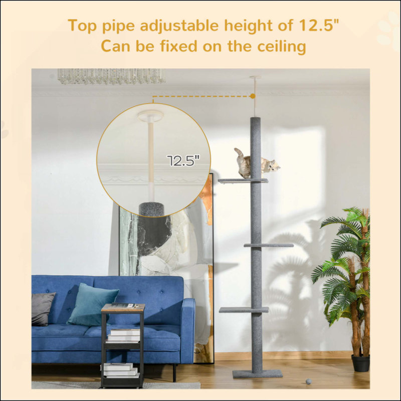 Tour d'escalade pour sol et plafond avec poteaux à griffes recouverts de sisal, 102.3"H x 17"W x 10.8"L, Gris foncé