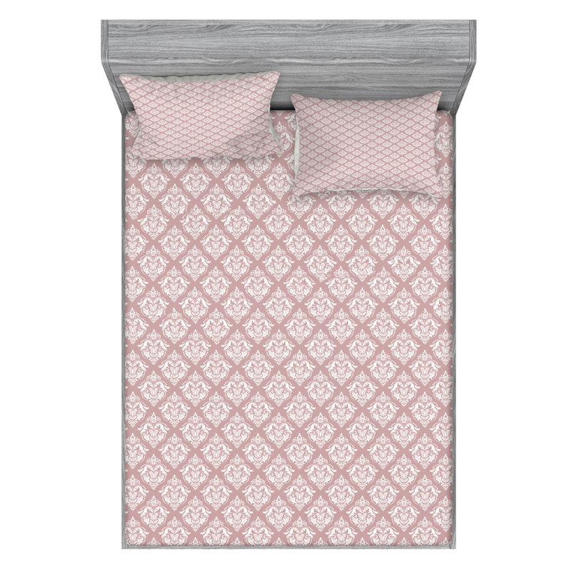 Microfiber Damask Fitted Sheet, Queen Fitted Sheet with 2 Pillowcases