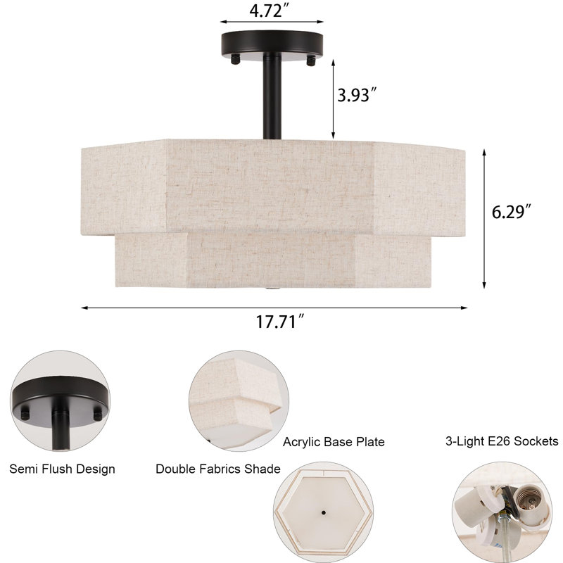 17.7" Semi-Flush Mount Ceiling Light, Black