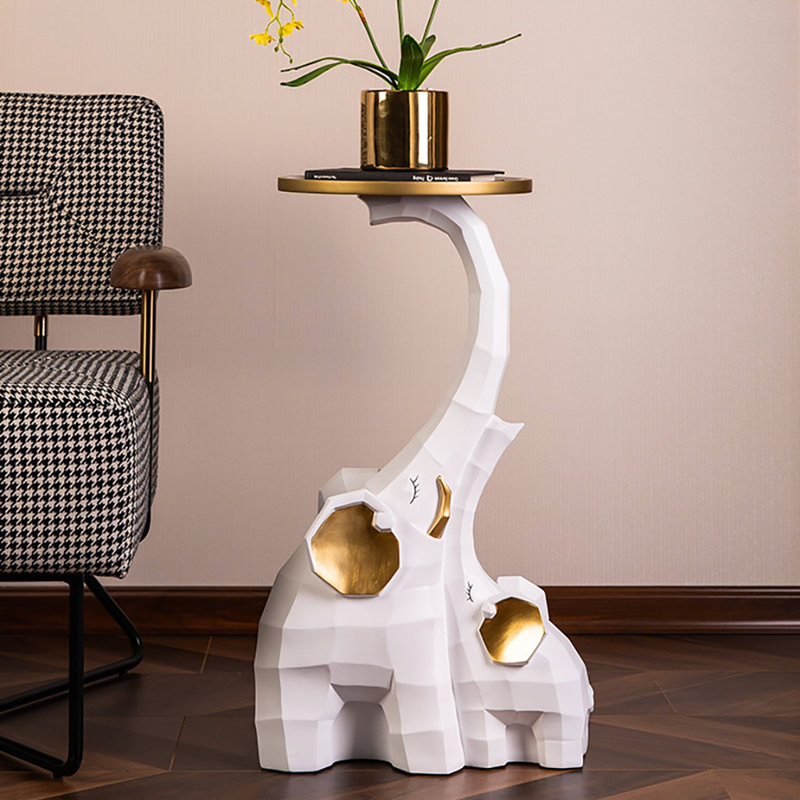 Table d'appoint blanche et dorée en forme d'éléphant, Blanc
