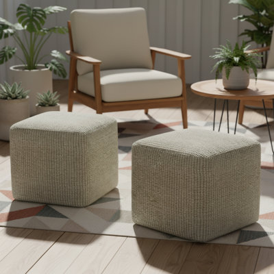 Zelma 18"W Striped Cream Square Woven Indoor/Outdoor Pouf by Simpli Home