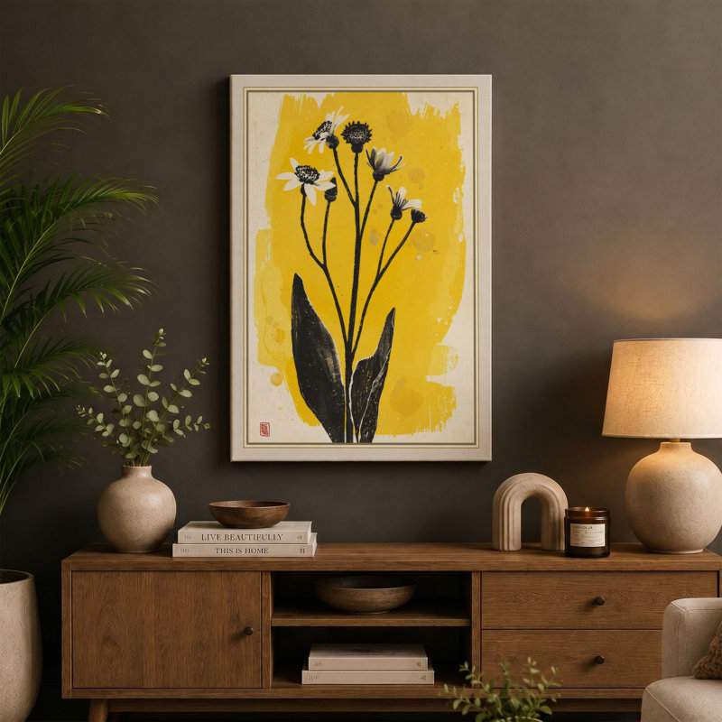 Flowering Plant in Yellow Botanical 1 Piece Wrapped Canvas Wall Art, 24x16 - 61.0 x 40.6 cm, Taupe Border