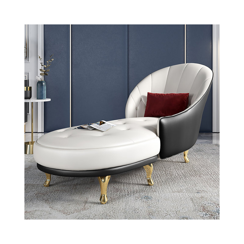 Chaise longue de style luxueux et lumineux en bois massif, métal et cuir pour chambre et salon, Face à la gauche
