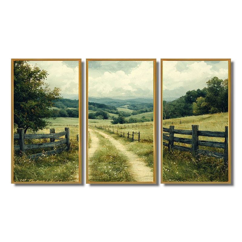«Green Peaceful Valley I», ensemble d'art mural, H 28 po x l 36 po x P 1 po, Toile avec cadre flottant or