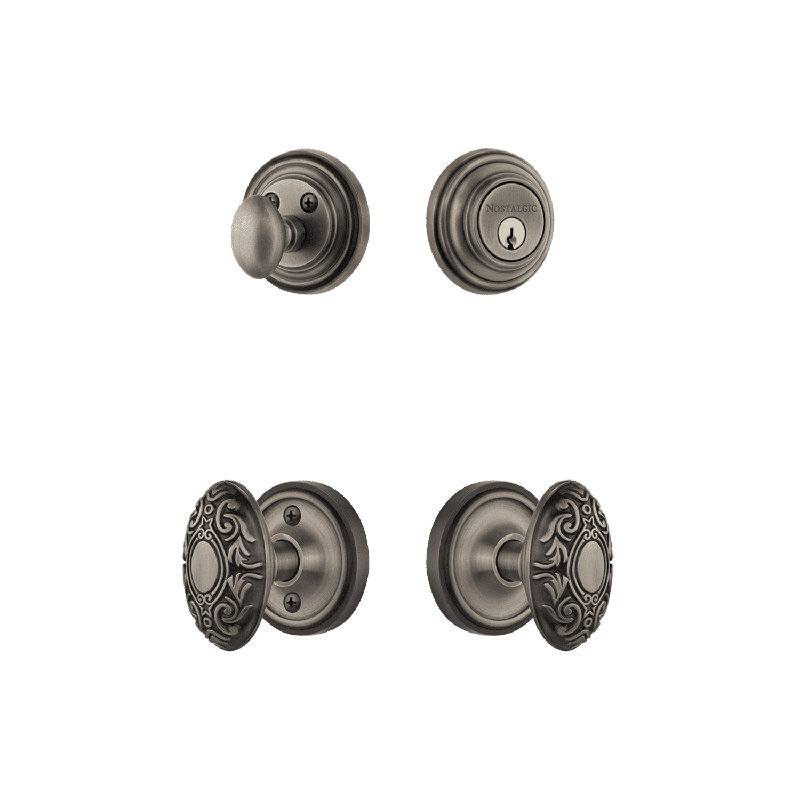 Nostalgic Warehouse Classic Rosette Entry Set with Victorian Knob, Antique Pewter, 2.375