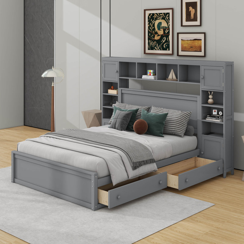 Grand lit en bois avec armoire, tablette et prises tout-en-un, Gris