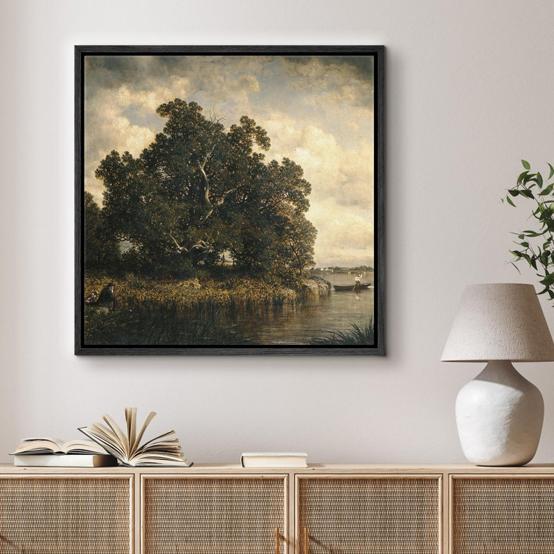 Peinture rétro de paysage de campagne avec des arbres luxuriants et des illustrations de nature zen sereine encadrée sur toile
