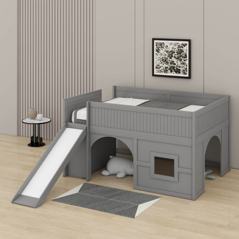 Wooden Low Loft Bed With Storage Shelves And Slide, Door And Window, Wooden Low Loft Bed, Gray