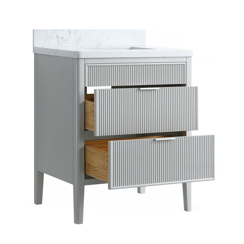 Ensemble de meuble-lavabo autoportant 30 po avec 2 ensembles de poignées et plateau en marbre d'ingénierie entièrement assemblé gris