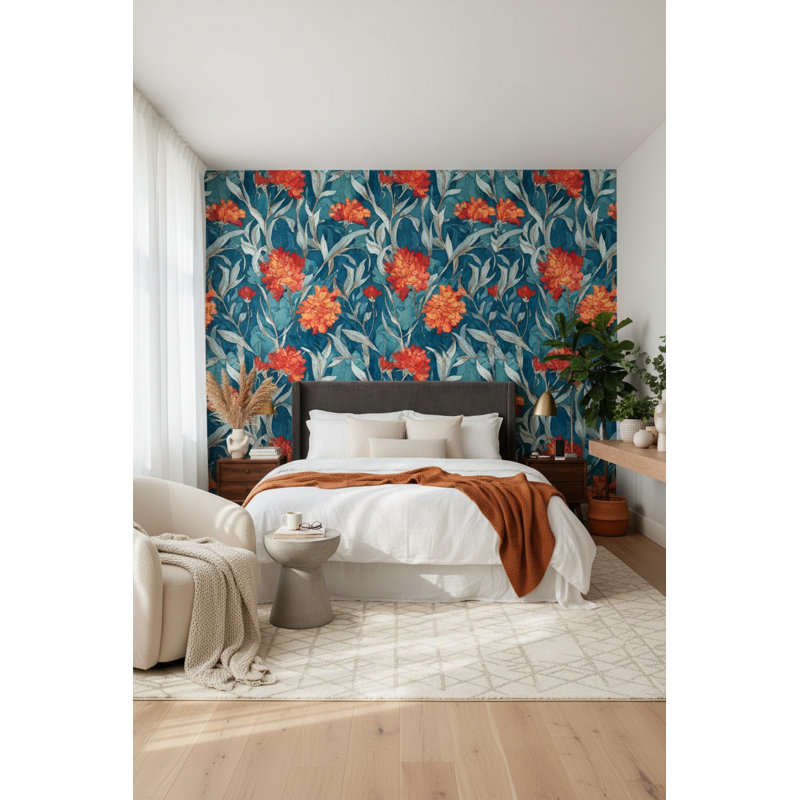 Papier peint floral avec fleurs orange et fond bleu