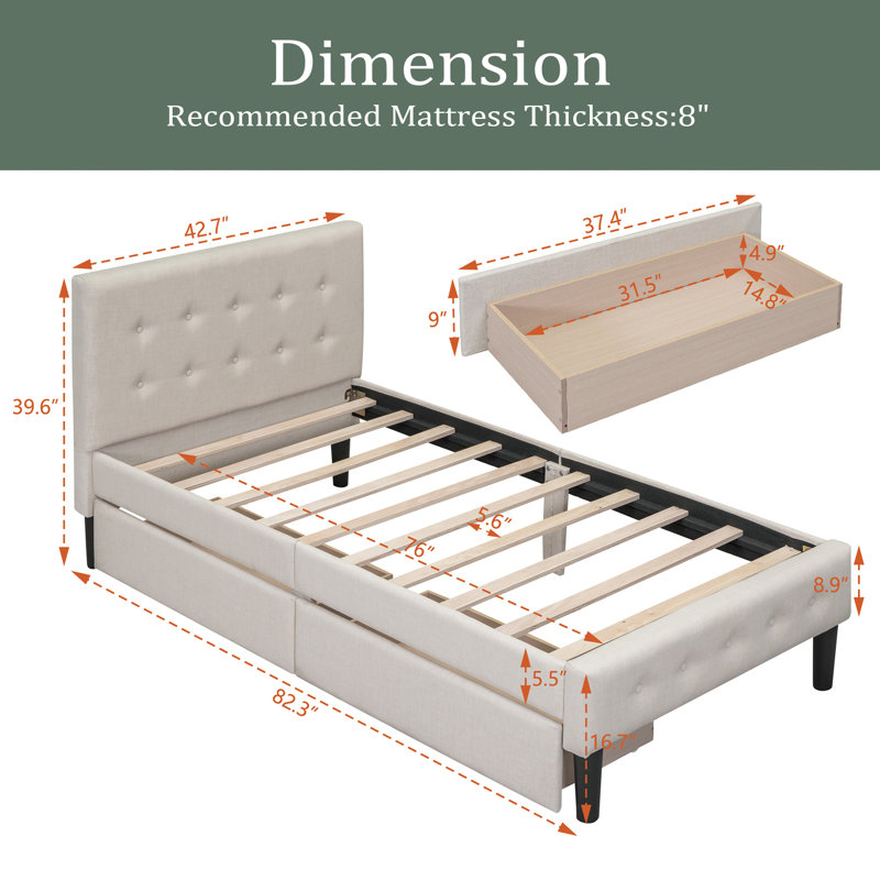 Upholstered Platform Storage Bed, Beige